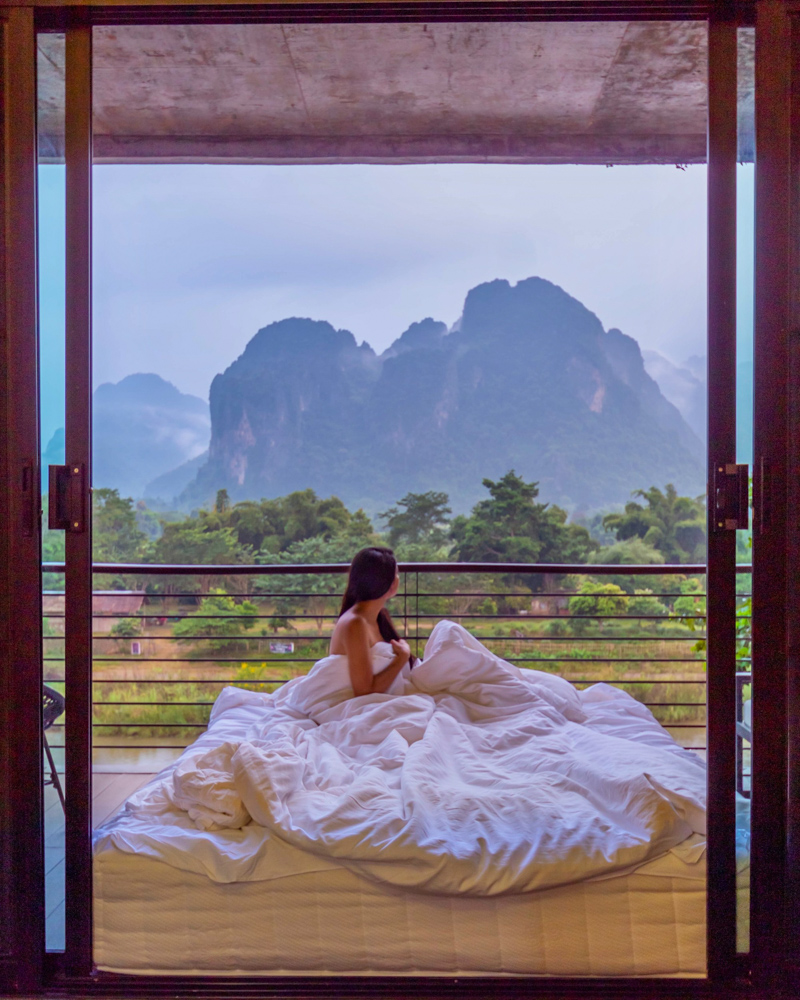 View of the limestone mountains from the room of Inthira Hotel in vang vieng