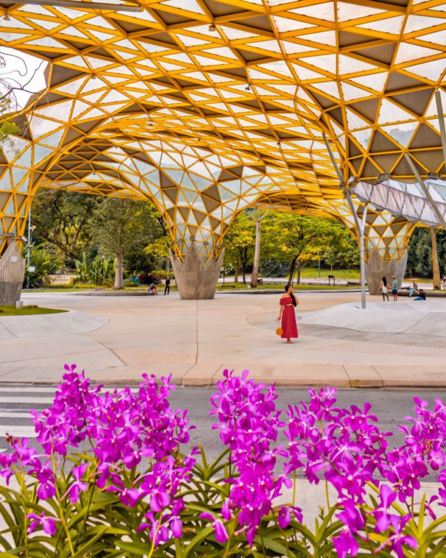 A girl in red standing under the yellow tree like structure at botanical garden in Kuala Lumpur