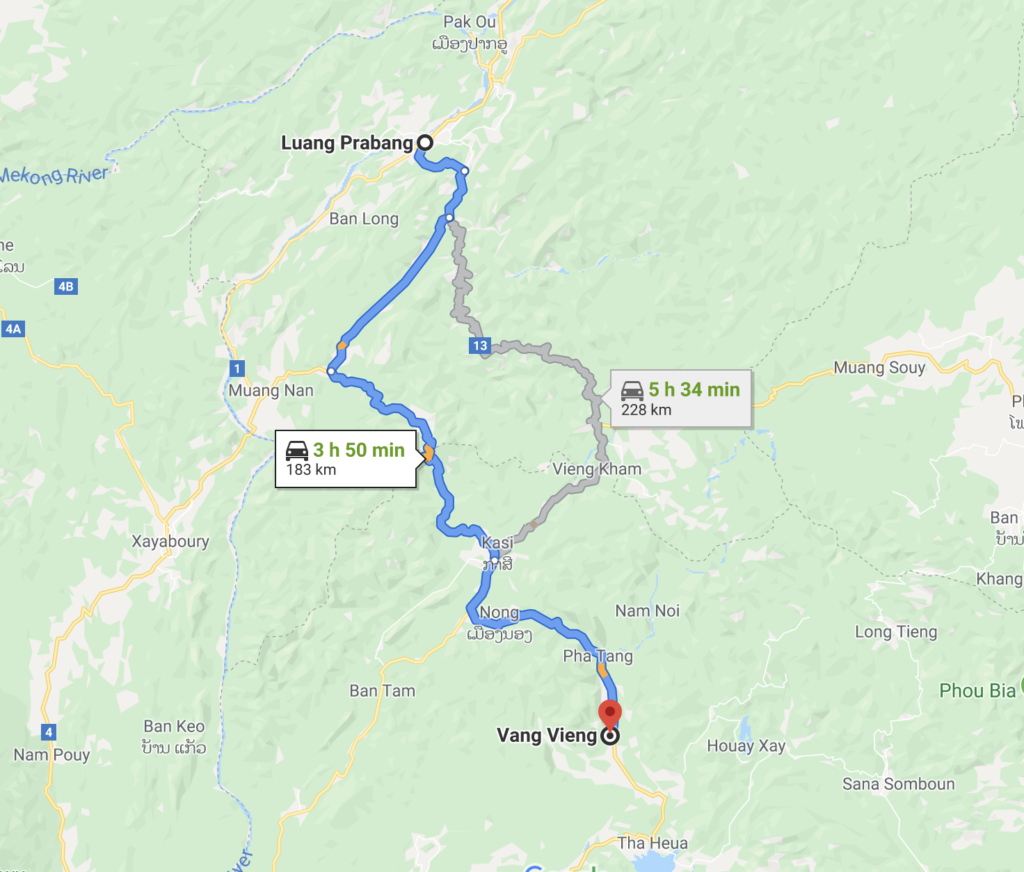 Map of the route from Luang prabang to Vang Vieng