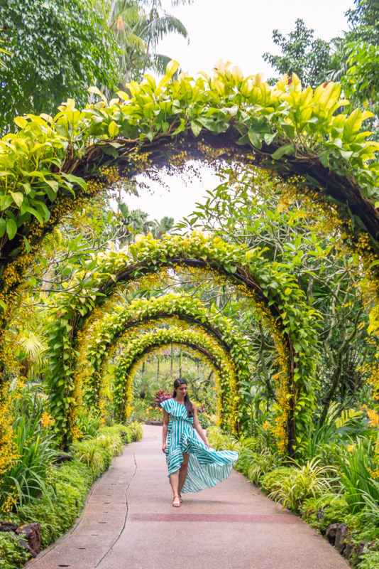 A girl in green dress at National orchid garden in singapore